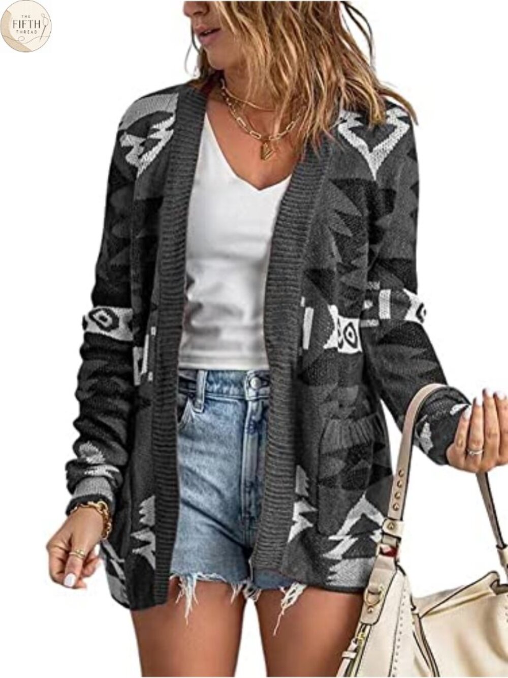 Tribal Aztec Print Open Front Knitted Jacquard Cardigan Sweater